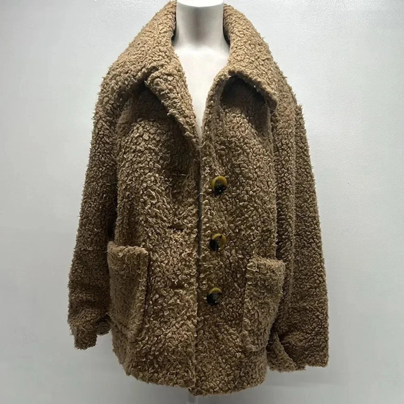 Free People Peacoat Teddy Sherpa Coat So Soft Cozy Button Light Brown Tan Medium - Picture 3 of 13
